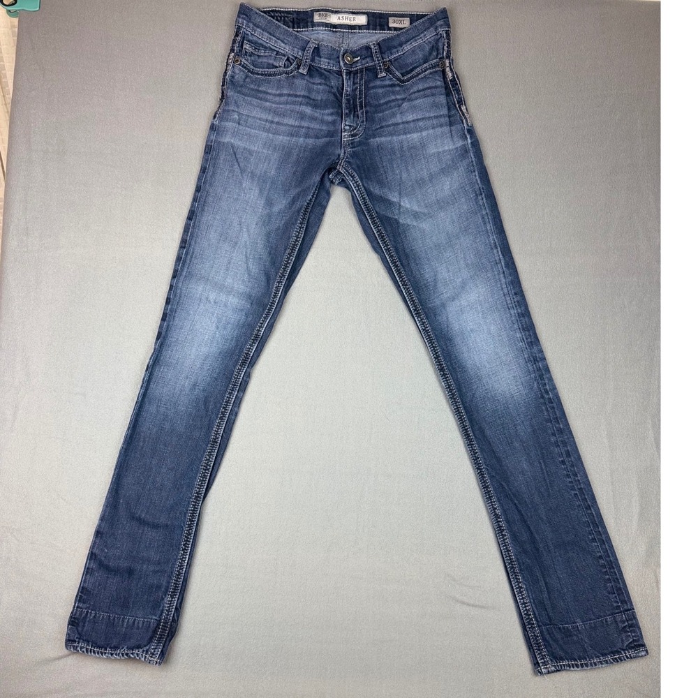 BKE Asher Slim Fit Dark Wash Jeans Mens 30XL Extra Long Paisley Cuff Stitching